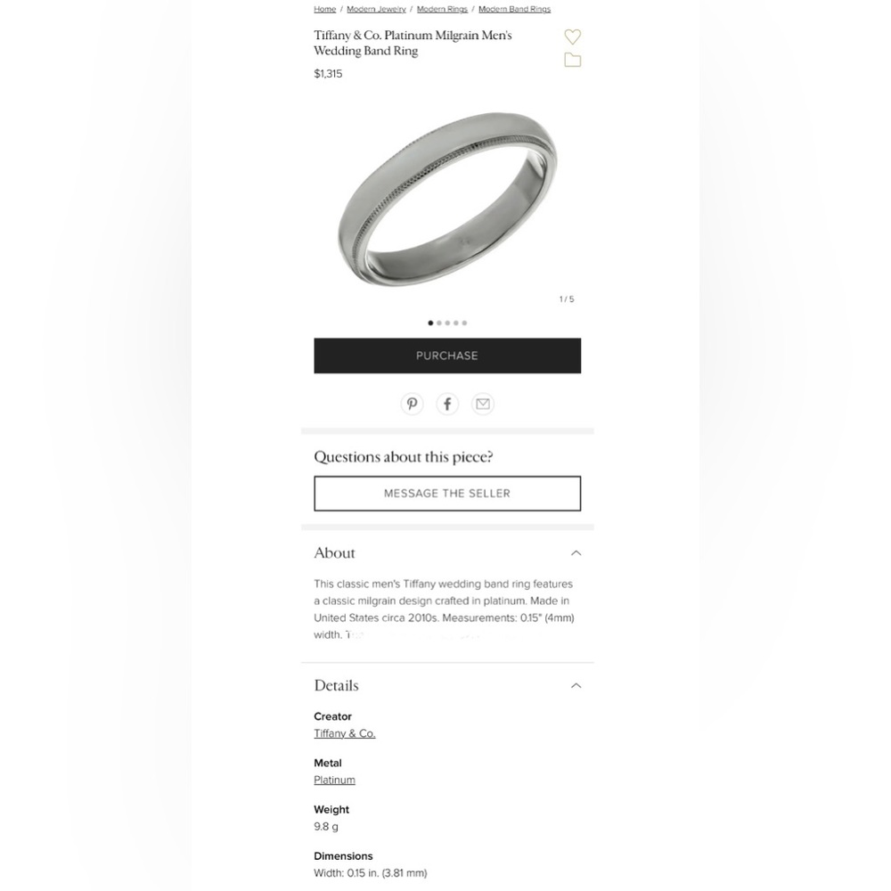 Tiffany & Co. Platinum Milgrain Men's
Wedding Band Ring Size 11-12